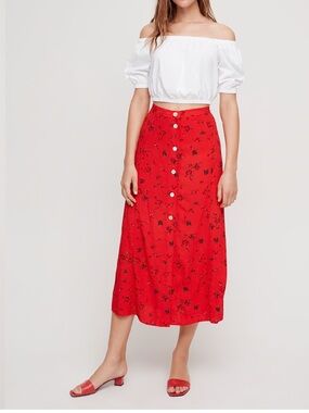 Aritzia Wilfred Amelie red floral rose Print Midi Skirt Size 0 buttons slip